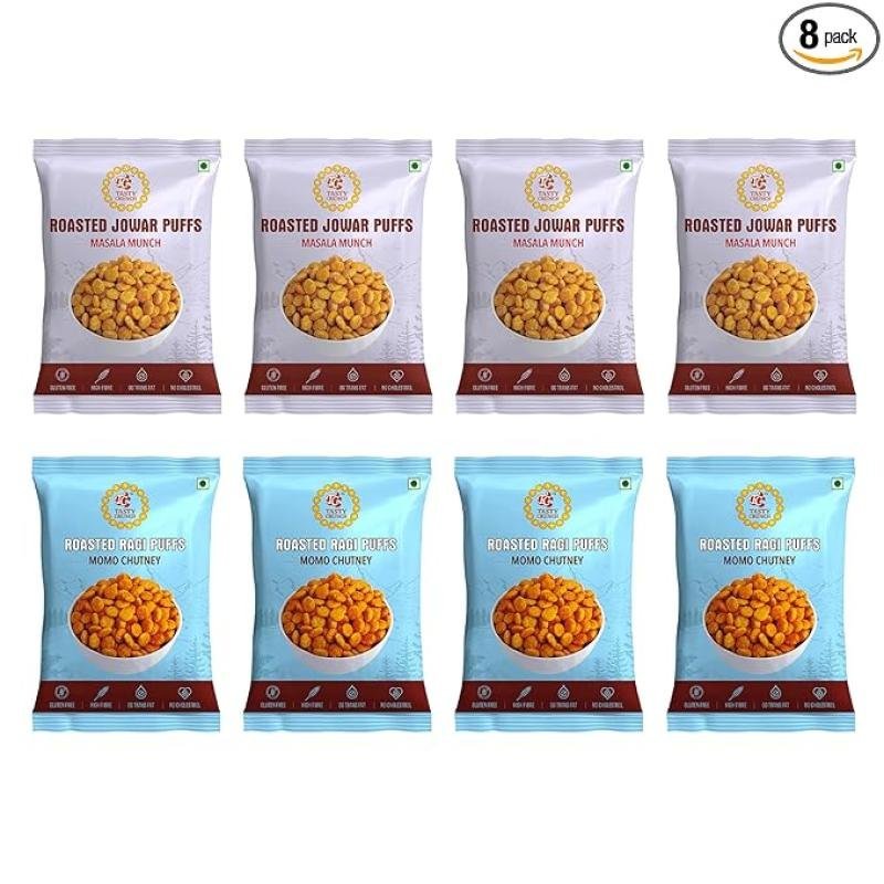 Tasty Crunch Roasted Jowar (Masala Munch) & Ragi Puffs (Momo Chutney) | Sorghum & Finger Millet Puffs | Roasted Not Fried | High Fiber Healthy Snack | Pack of 8