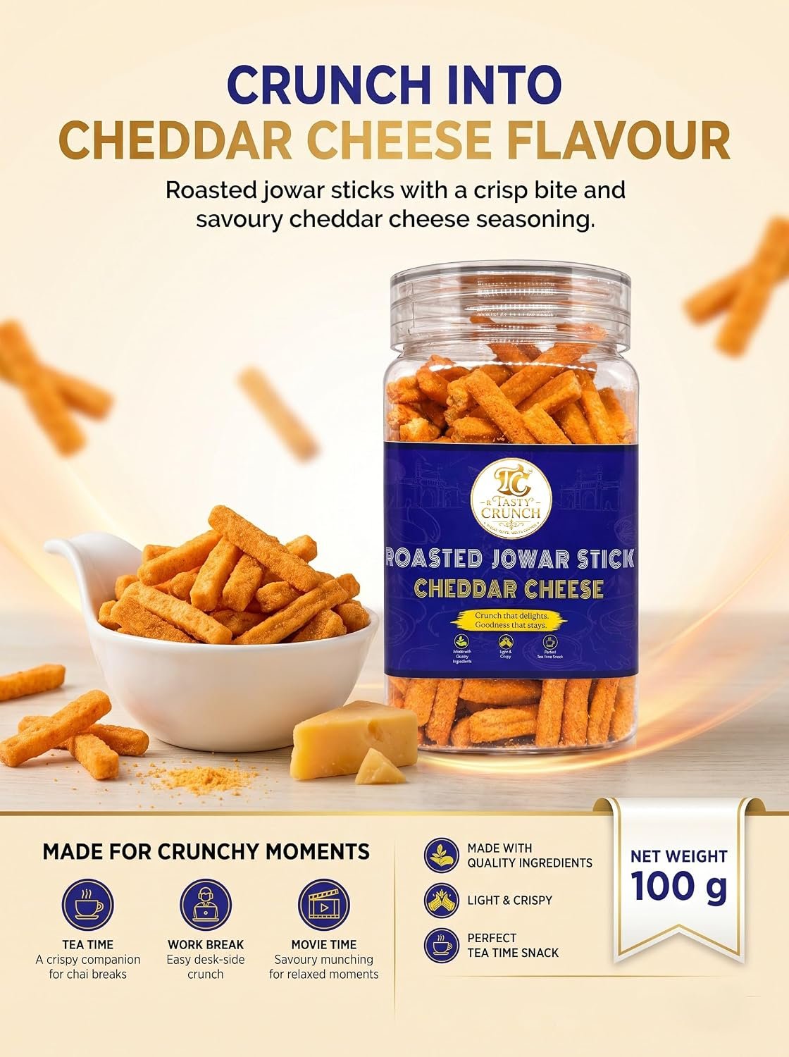Tasty Crunch Roasted Jowar Sticks Cheddar Cheese 100 g gallery image