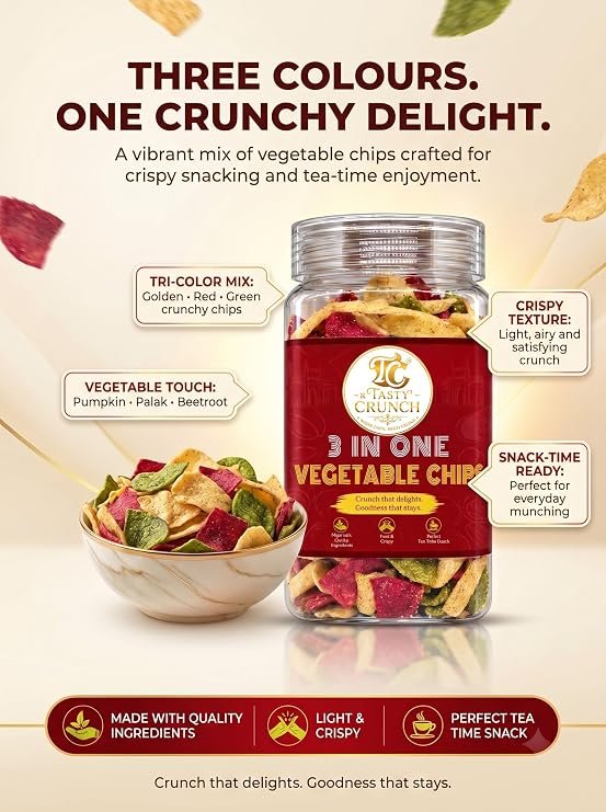 Tasty Crunch 3 in 1 Vegetable Chips Beetroot Palak Pumpkin 120 g gallery image