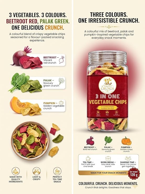 Tasty Crunch 3 in 1 Vegetable Chips Beetroot Palak Pumpkin 120 g gallery image