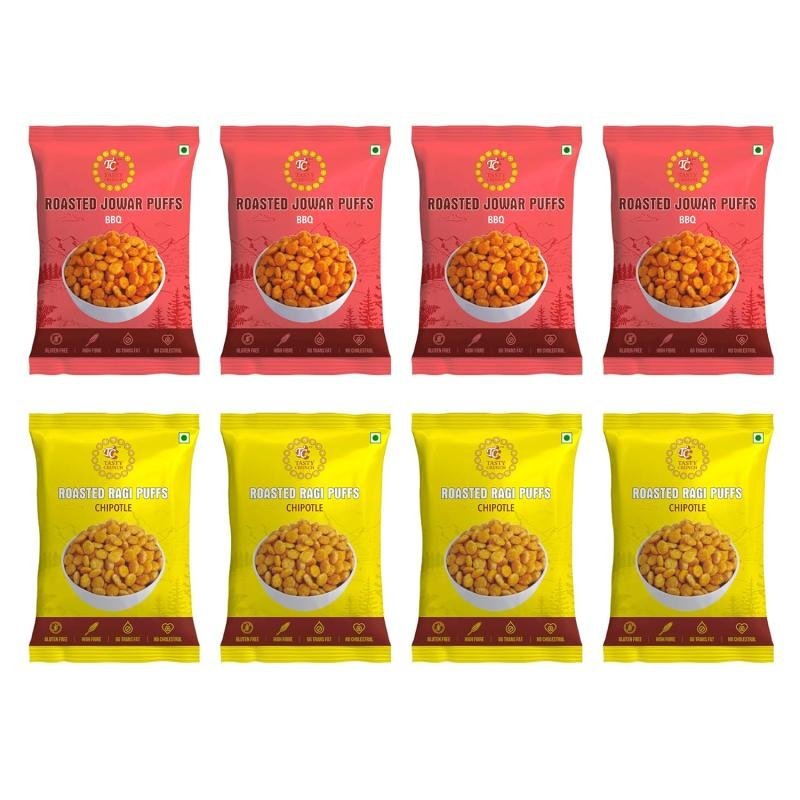 Tasty Crunch Roasted Jowar (BBQ) & Ragi Puffs (Chipotle) | Sorghum & Finger Millet Puffs | Roasted Not Fried | High Fibre Healthy Snack | Pack of 8